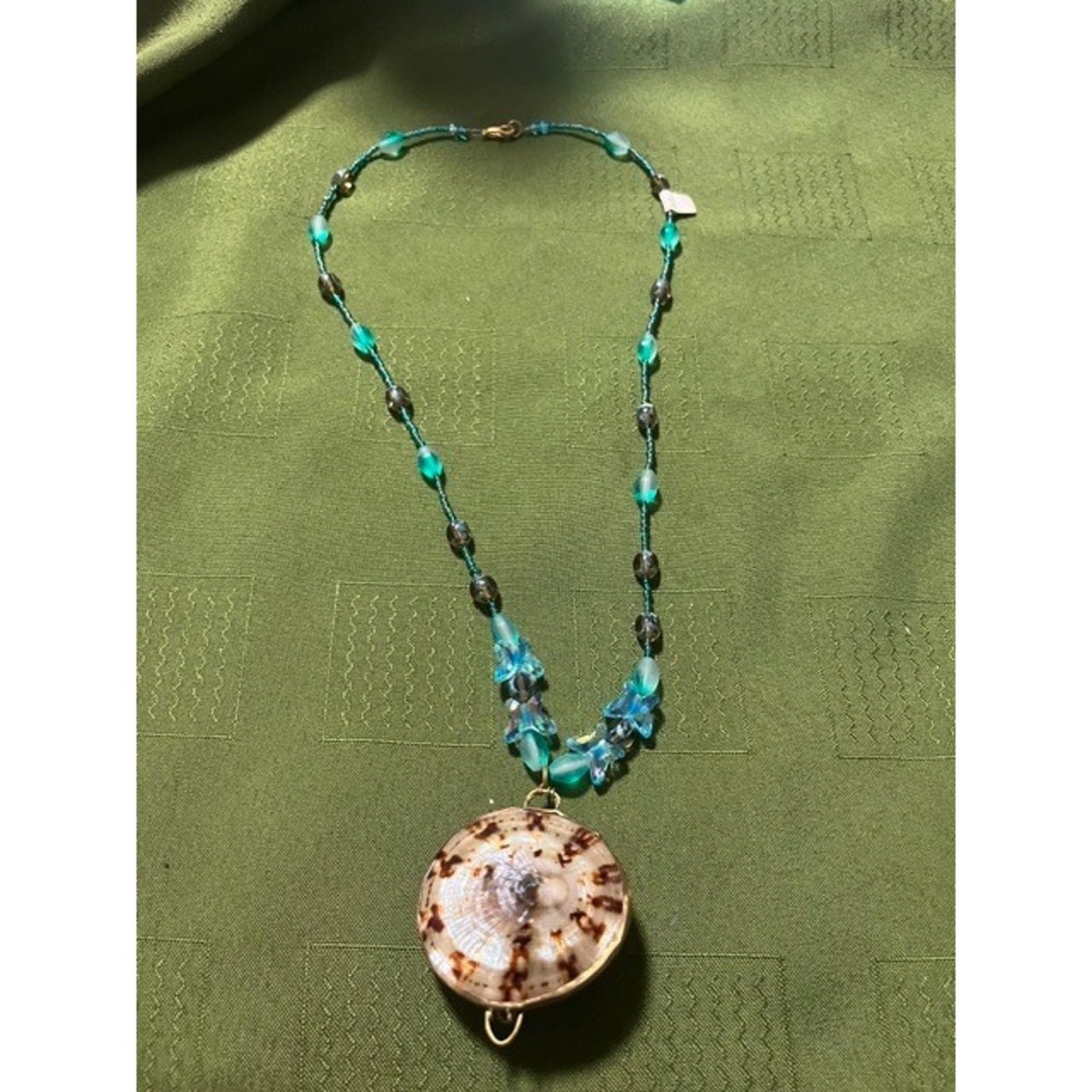 Handmade Seashell Locket Necklace Teal Glass Beaded Butterfly Accents